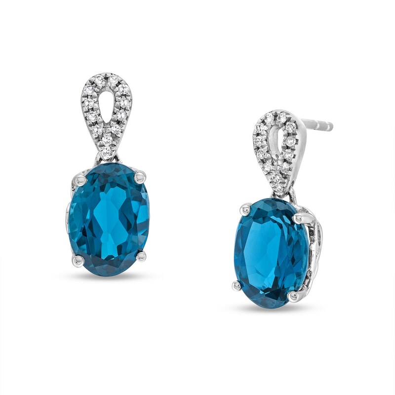 Main Image 1 of Oval London Blue Topaz and 1/20 CT. T.W. Diamond Loop Drop Earrings in 10K White Gold