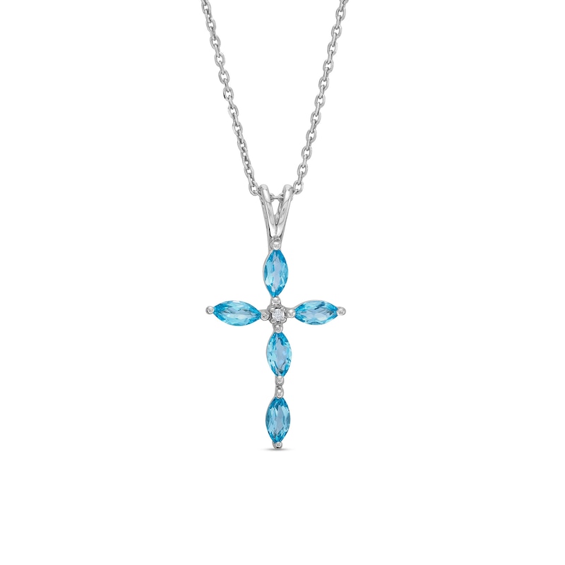 Marquise Swiss Blue Topaz and White Lab-Created Sapphire Cross Pendant in Sterling Silver