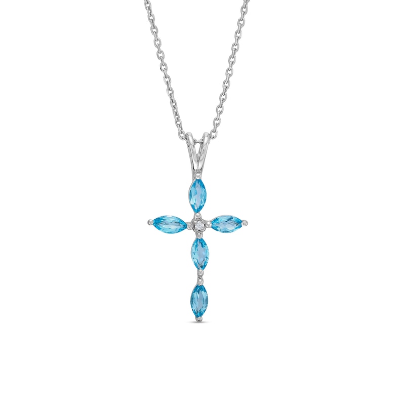 Main Image 1 of Marquise Swiss Blue Topaz and White Lab-Created Sapphire Cross Pendant in Sterling Silver