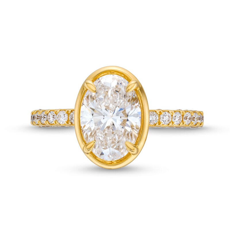 Main Image 4 of TRUE Lab-Grown Diamonds by Vera Wang Love 2-3/4 CT. T.W. Oval Diamond Bezel Frame Engagement Ring in 14K Gold (F/VS2)
