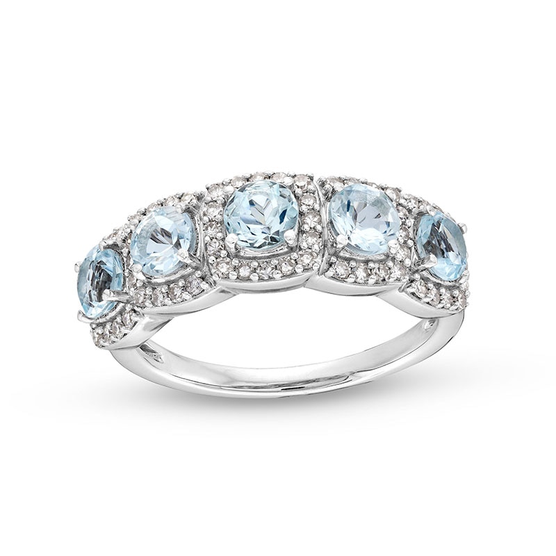 Main Image 1 of Aquamarine and 1/3 CT. T.W. Diamond Cushion Frame Five Stone Ring in Sterling Silver