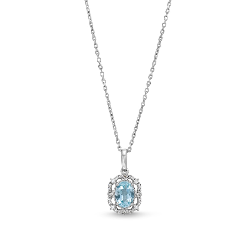 Main Image 1 of Oval Aquamarine and 1/10 CT. T.W. Diamond Scallop Frame Vintage-Style Pendant in Sterling Silver