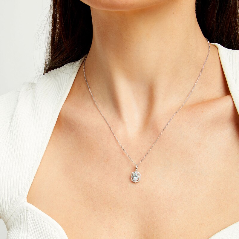 Main Image 2 of Oval Aquamarine and 1/10 CT. T.W. Diamond Scallop Frame Vintage-Style Pendant in Sterling Silver