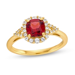 Cushion-Cut Garnet and White Lab-Created Sapphire Frame Ring in Sterling Silver with 14K Gold Plate - Size 7
