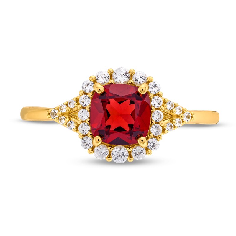Main Image 4 of Cushion-Cut Garnet and White Lab-Created Sapphire Frame Ring in Sterling Silver with 14K Gold Plate - Size 7