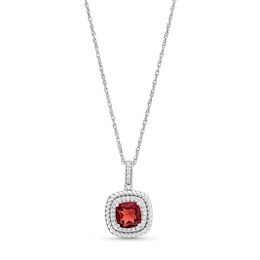 Cushion-Cut Garnet and White Lab-Created Sapphire Rope-Textured Frame Pendant in Sterling Silver