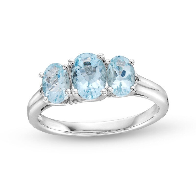 Main Image 1 of Oval Aquamarine and Diamond Accent Three Stone Ring in Sterling Silver