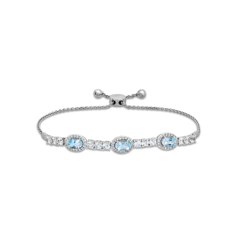 Main Image 1 of Oval Aquamarine and White Lab-Created Sapphire Frame Alternating Bolo Bracelet in Sterling Silver - 9.0"