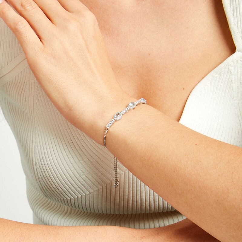 Main Image 2 of Oval Aquamarine and White Lab-Created Sapphire Frame Alternating Bolo Bracelet in Sterling Silver - 9.0"