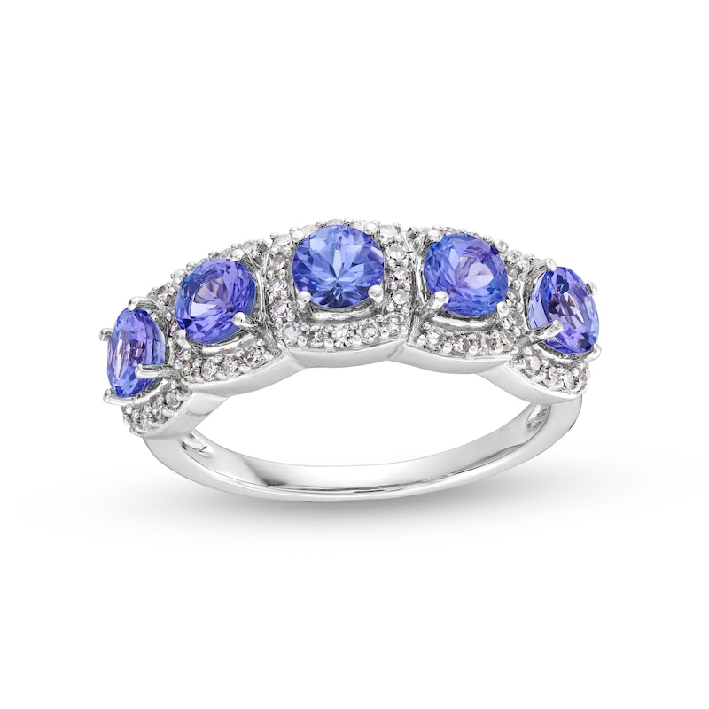 Main Image 1 of Tanzanite and 1/3 CT. T.W. Diamond Cushion Frame Five Stone Ring in Sterling Silver