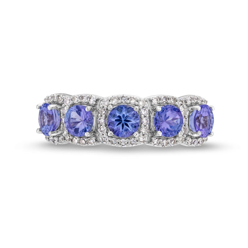 Main Image 4 of Tanzanite and 1/3 CT. T.W. Diamond Cushion Frame Five Stone Ring in Sterling Silver