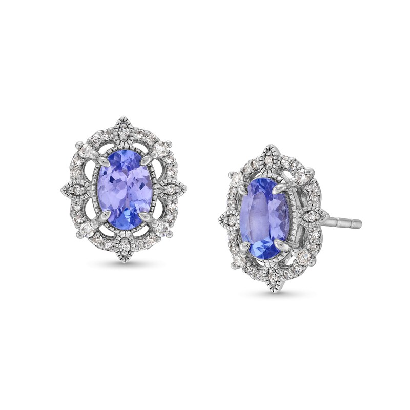 Main Image 1 of Oval Tanzanite and 1/8 CT. T.W. Diamond Art Deco Vintage-Style Stud Earrings in Sterling Silver