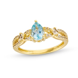 Pear-Shaped Aquamarine and White Lab-Created Sapphire Loop Shank Ring in Sterling Silver with 14K Gold Plate