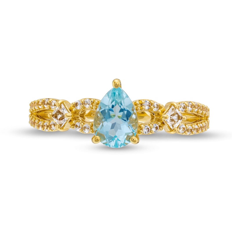 Pear-Shaped Aquamarine and White Lab-Created Sapphire Loop Shank Ring in Sterling Silver with 14K Gold Plate