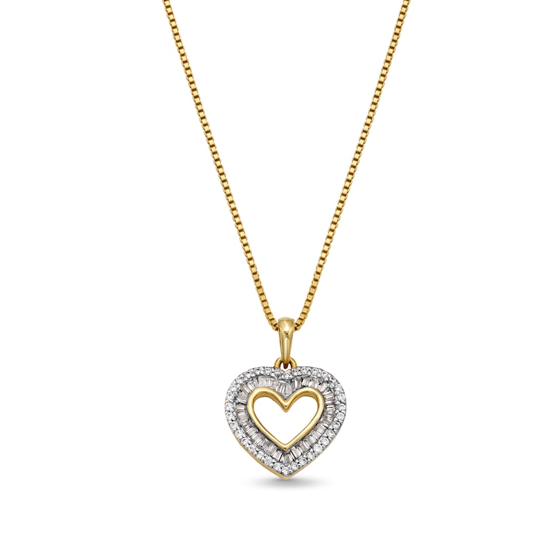 1/4 CT. T.W. Baguette-Cut and Round Diamond Double Frame Heart Pendant in 10K Gold