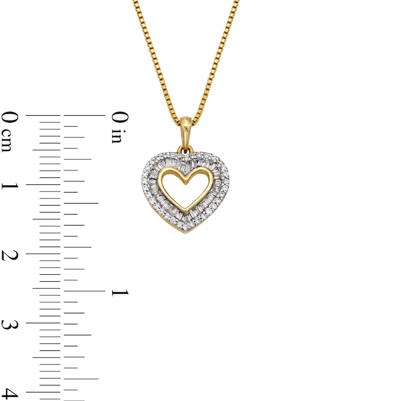 Main Image 2 of 1/4 CT. T.W. Baguette-Cut and Round Diamond Double Frame Heart Pendant in 10K Gold