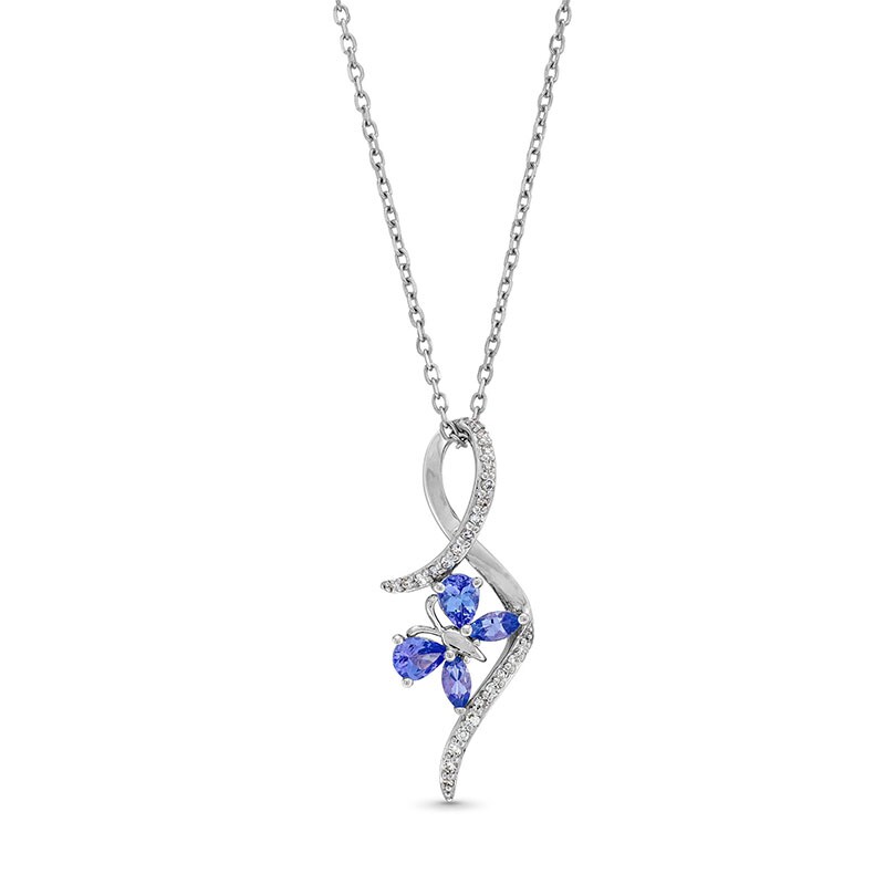 Main Image 1 of Marquise and Pear-Shaped Tanzanite with 1/10 CT. T.W. Diamond Butterfly Ribbon Pendant in 10K White Gold