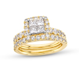 2 CT. T.W. Quad Princess-Cut Diamond Cushion Frame Bridal Set in 14K Gold