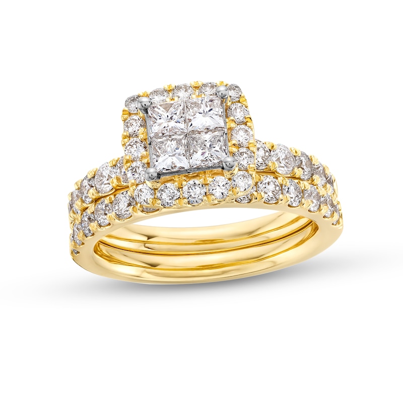 Main Image 1 of 2 CT. T.W. Quad Princess-Cut Diamond Cushion Frame Bridal Set in 14K Gold