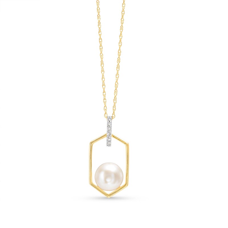Main Image 1 of 7.0-7.5mm Freshwater Cultured Pearl and Diamond Accent Hexagon Frame Pendant in 10K Gold
