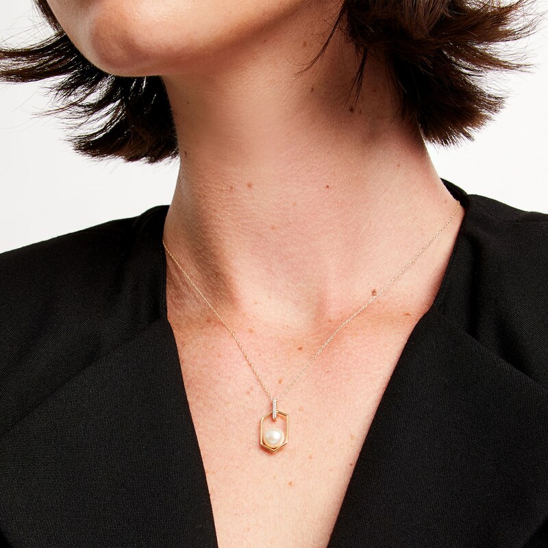 Main Image 2 of 7.0-7.5mm Freshwater Cultured Pearl and Diamond Accent Hexagon Frame Pendant in 10K Gold
