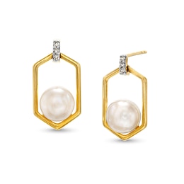 6.0-6.5mm Cultured Freshwater Pearl and Diamond Accent Hexagon Frame Drop Earrings in 10K Gold