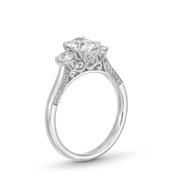 1-1/2 CT. T.W. Certified Emerald-Cut and Round Diamond Past Present Future® Engagement Ring in 14K White Gold (I/SI2)