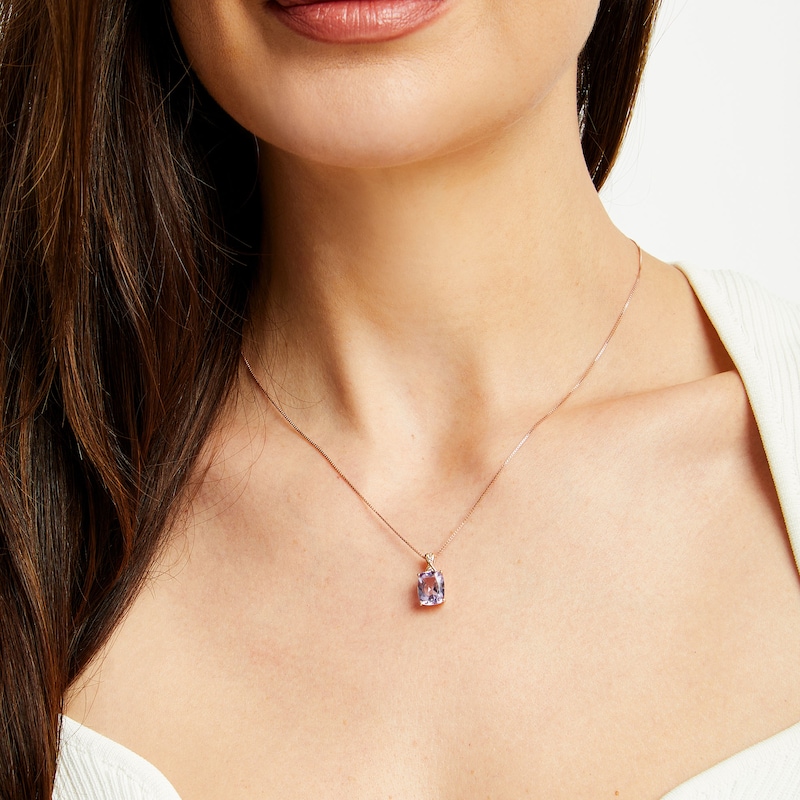 Main Image 2 of Cushion-Cut Amethyst and White Lab-Created Sapphire Pendant in Sterling Silver with 14K Rose Gold Plate