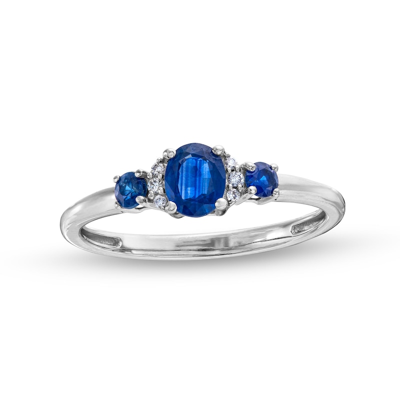 Main Image 1 of Oval and Round Blue Sapphire with Diamond Accent Three Stone Collar Ring in 10K White Gold