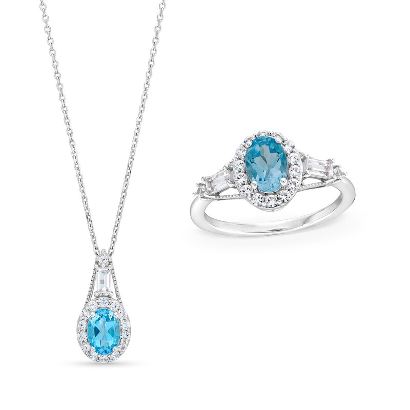 Oval Swiss Blue Topaz and White Lab-Created Sapphire Frame Pendant and Ring Set in Sterling Silver - Size 7