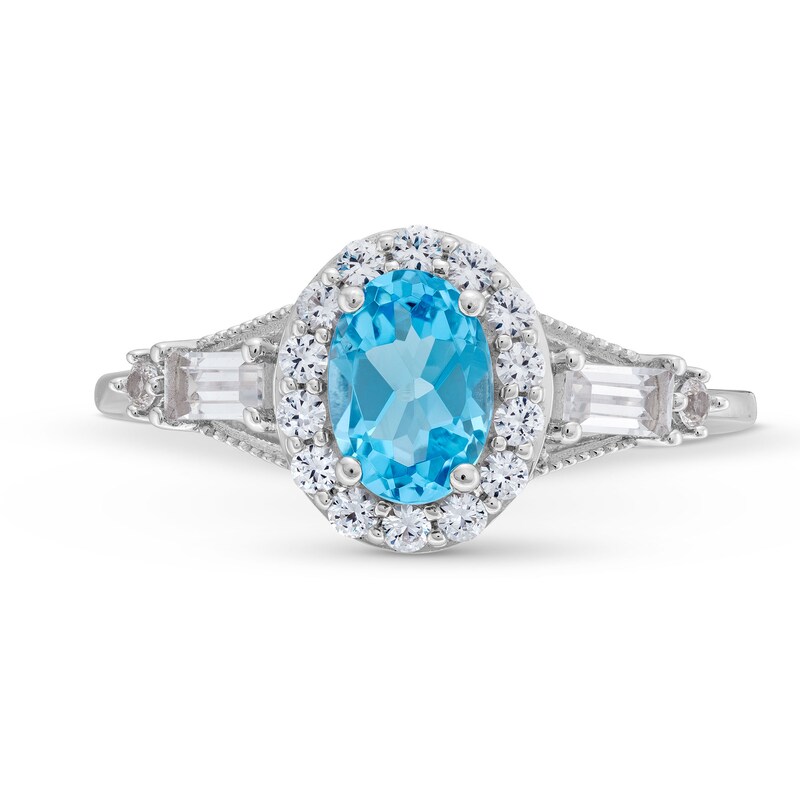 Oval Swiss Blue Topaz and White Lab-Created Sapphire Frame Pendant and Ring Set in Sterling Silver - Size 7