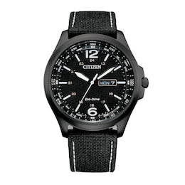Men's Citizen Eco-Drive® Classic Black Leather Strap Watch with Black Dial (Model: AW0115-03E)