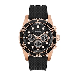 Men's Bulova Classic Sport Rose Gold-Tone Chronograph Black Silicone Strap Watch with Black Dial (Model: 98A192)