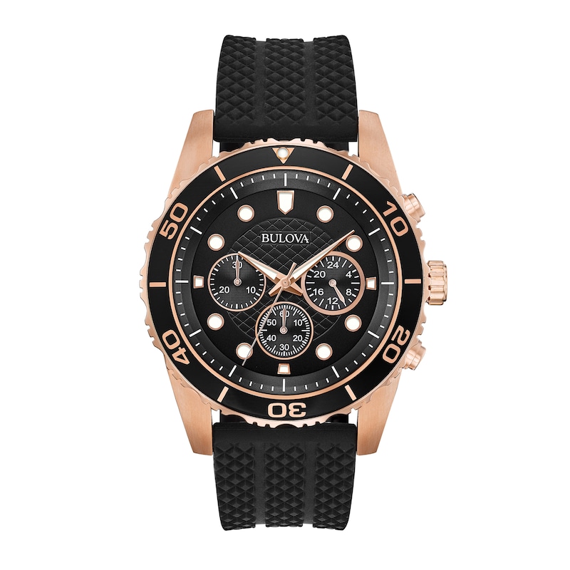 Main Image 1 of Men's Bulova Classic Sport Rose Gold-Tone Chronograph Black Silicone Strap Watch with Black Dial (Model: 98A192)