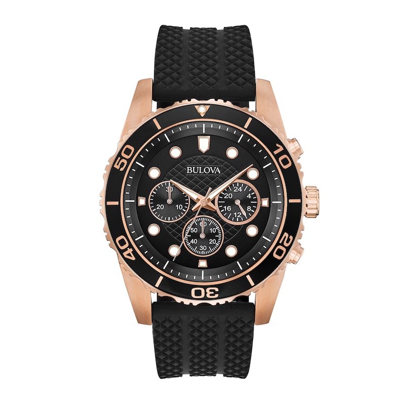 Men's Bulova Classic Sport Rose Gold-Tone Chronograph Black Silicone Strap Watch with Black Dial (Model: 98A192)