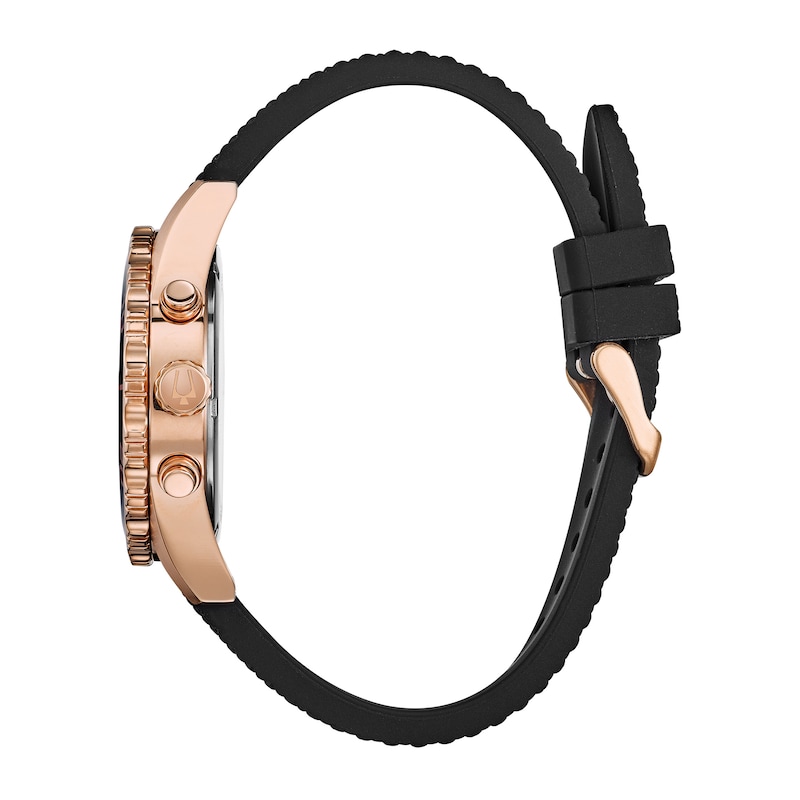 Main Image 2 of Men's Bulova Classic Sport Rose Gold-Tone Chronograph Black Silicone Strap Watch with Black Dial (Model: 98A192)