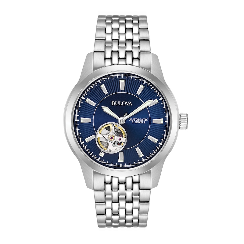 Men's Bulova Automatic Watch with Dark Blue Dial and Skeleton Heart (Model: 96A189)