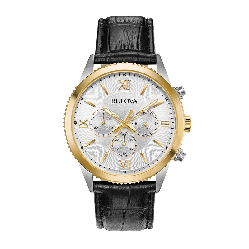Main Image 1 of Men's Bulova Black Leather Strap Chronograph Watch with Mother-of-Pearl Skeleton Dial (Model: 98A218)