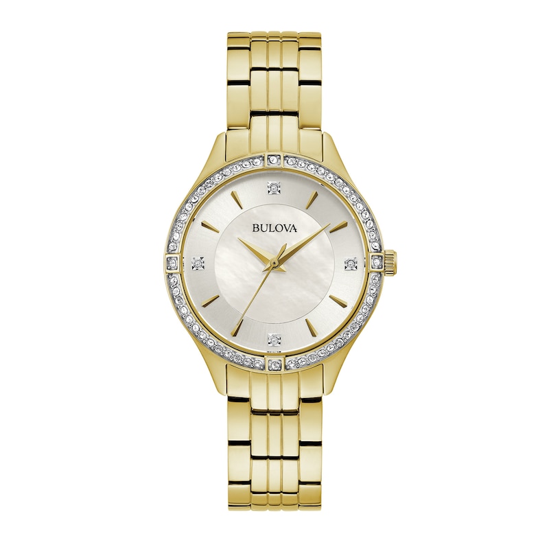 Ladies' Bulova Crystal Accent Gold-Tone Watch with Silver Dial (Model: 98L274)