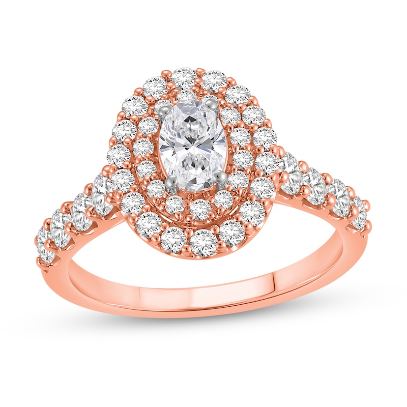 Main Image 1 of 1-1/2 CT. T.W. Oval Certified Lab-Grown Diamond Double Frame Engagement Ring in 14K Rose Gold (F/VS2)