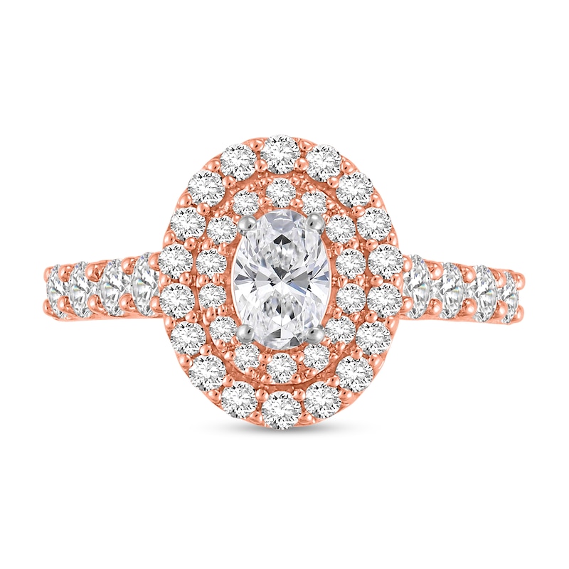 Main Image 3 of 1-1/2 CT. T.W. Oval Certified Lab-Grown Diamond Double Frame Engagement Ring in 14K Rose Gold (F/VS2)