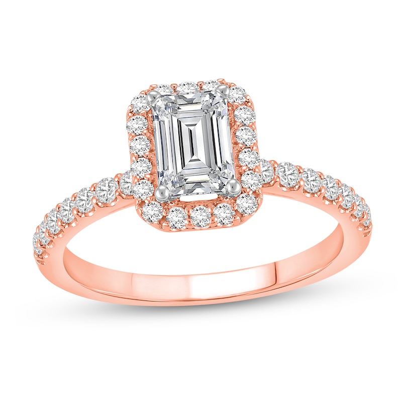 Main Image 1 of 1-1/2 CT. T.W. Emerald Certified Lab-Grown Diamond Frame Engagement Ring in 14K Rose Gold (F/VS2)