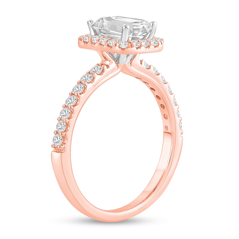 Main Image 2 of 1-1/2 CT. T.W. Emerald Certified Lab-Grown Diamond Frame Engagement Ring in 14K Rose Gold (F/VS2)