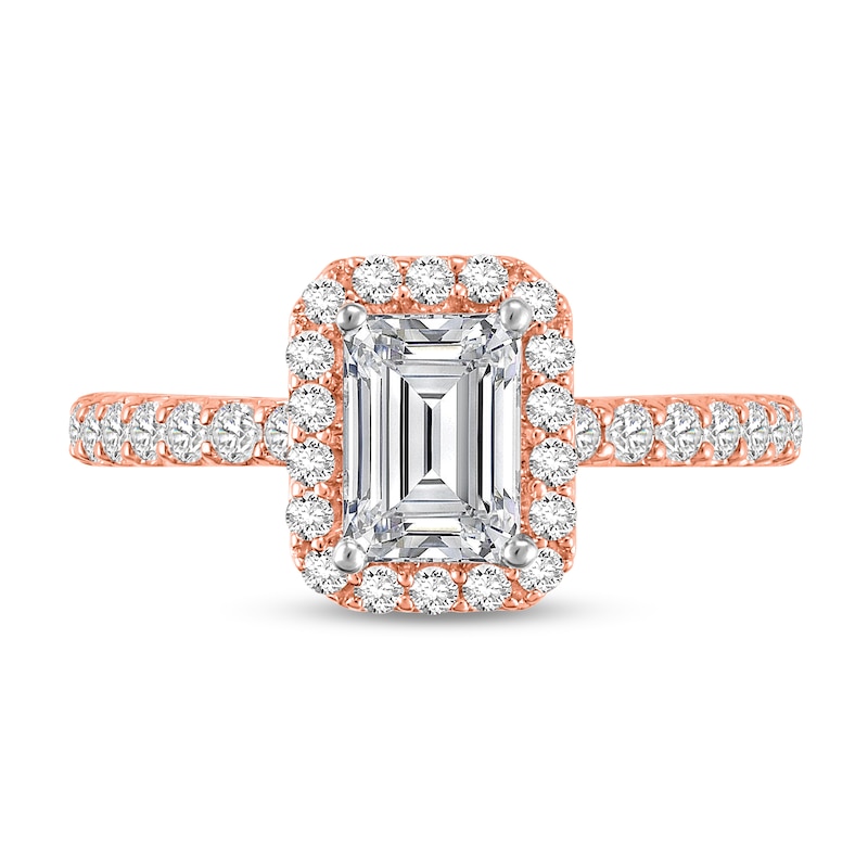Main Image 3 of 1-1/2 CT. T.W. Emerald Certified Lab-Grown Diamond Frame Engagement Ring in 14K Rose Gold (F/VS2)