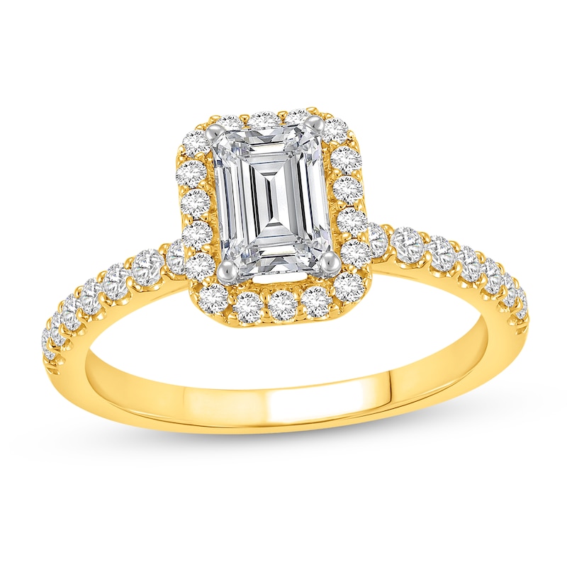 Main Image 1 of 1-1/2 CT. T.W. Emerald Certified Lab-Grown Diamond Frame Engagement Ring in 14K Gold (F/VS2)