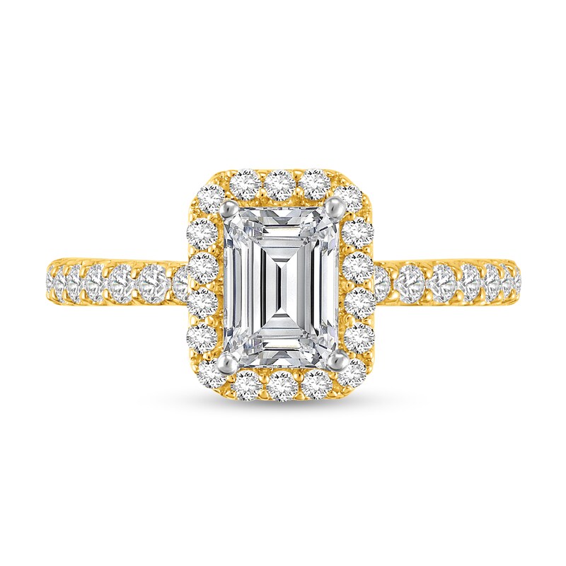 Main Image 3 of 1-1/2 CT. T.W. Emerald Certified Lab-Grown Diamond Frame Engagement Ring in 14K Gold (F/VS2)