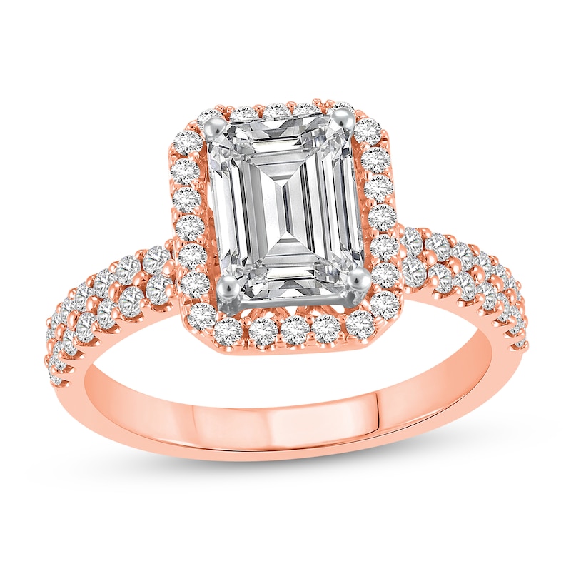 Main Image 1 of 2 CT. T.W. Emerald Certified Lab-Grown Diamond Frame Engagement Ring in 14K Rose Gold (F/VS2)