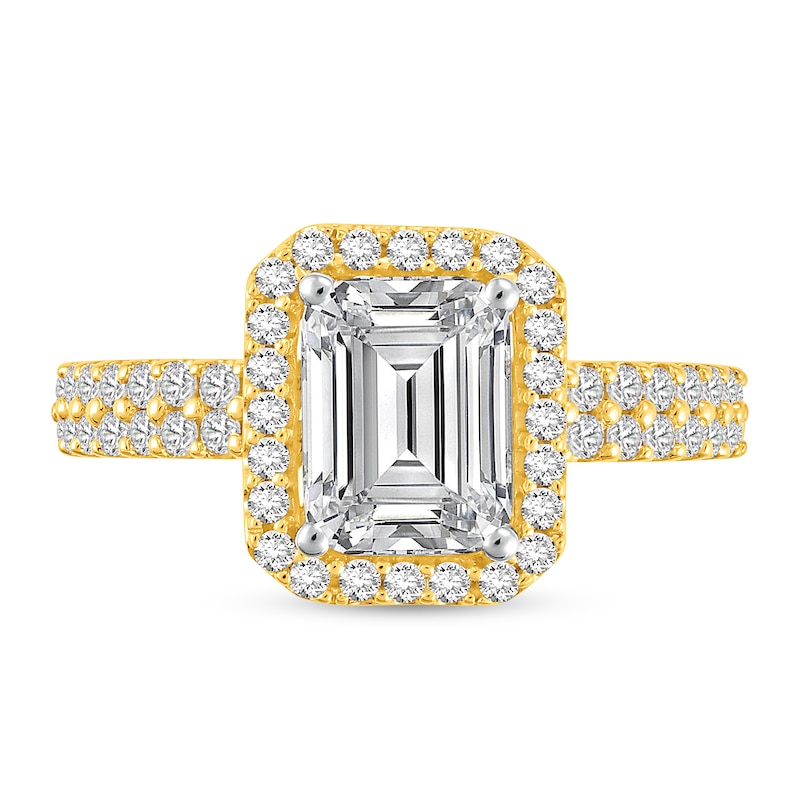 2 CT. T.W. Emerald Certified Lab-Created Diamond Frame Engagement Ring in 14K Gold (F/VS2)