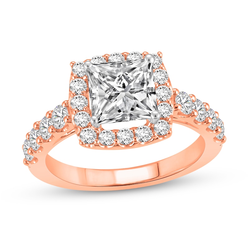 Main Image 1 of 2-1/2 CT. T.W. Princess Certified Lab-Grown Diamond Cushion Frame Engagement Ring in 14K Rose Gold (F/VS2)