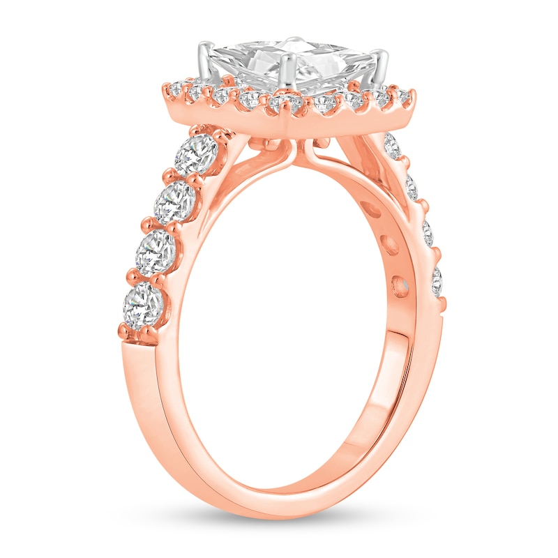 Main Image 2 of 2-1/2 CT. T.W. Princess Certified Lab-Grown Diamond Cushion Frame Engagement Ring in 14K Rose Gold (F/VS2)